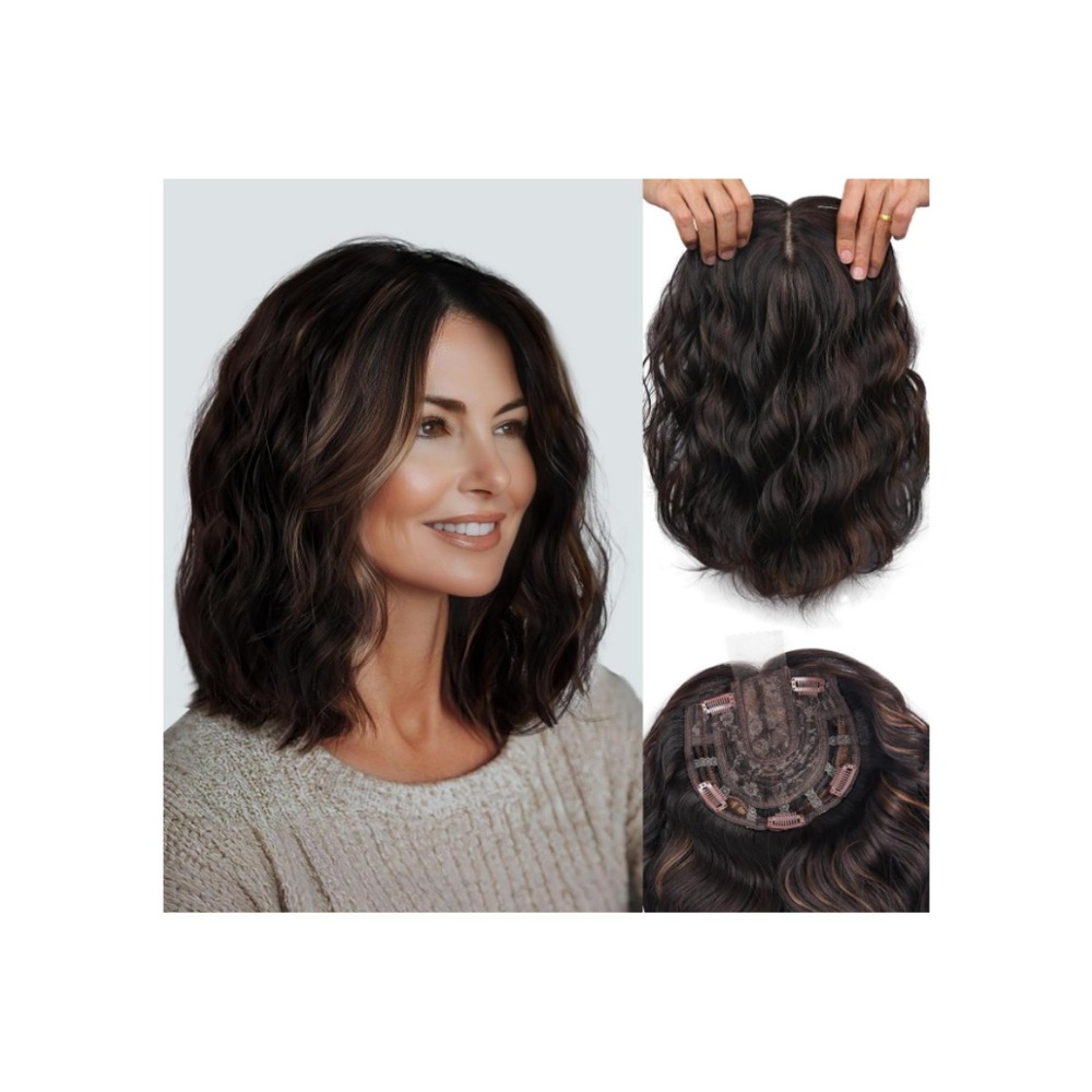 Short Wavy Hair Topper 11in Dark Brown Highlights Synthetic Hairpiece Natural